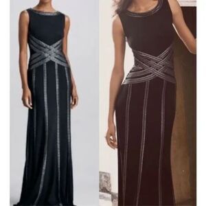 Tadashi Shoji Black Silver 3D detail Holiday Sleeveless Gown Dress Women's L